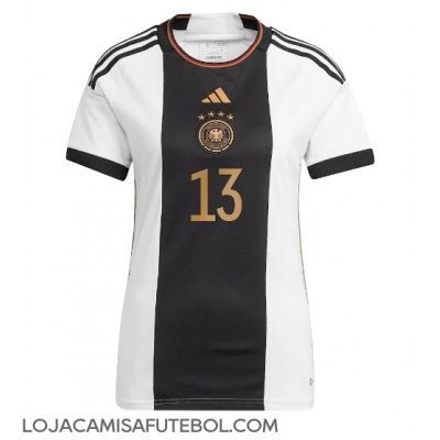 Camisa de Futebol Alemanha Thomas Muller #13 Equipamento Principal Mulheres Mundo 2022 Manga Curta